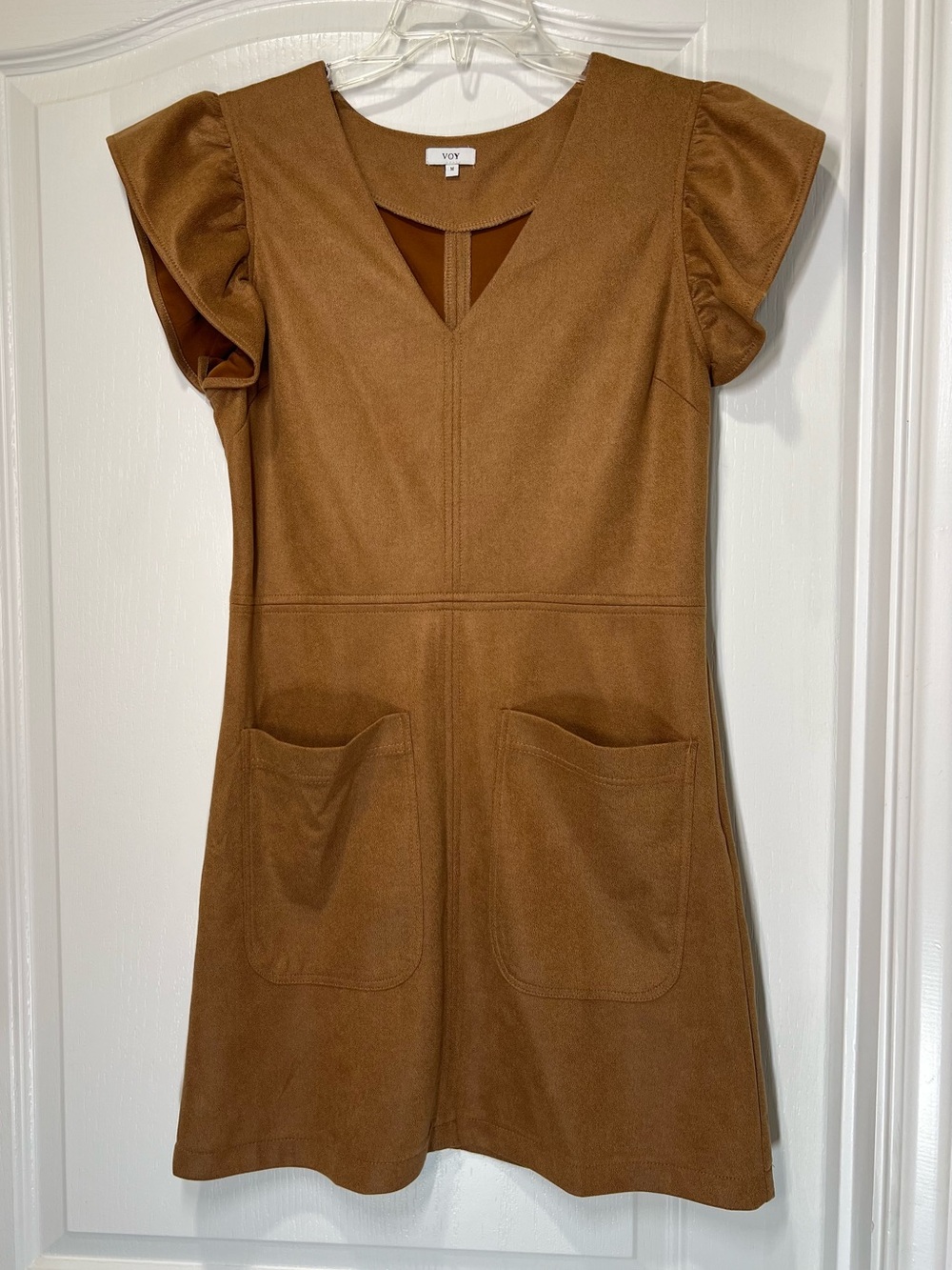 Voy Faux Suede Midi Pocket Dress Flutter Sleeve V-Neck Camel Women’s Size Medium